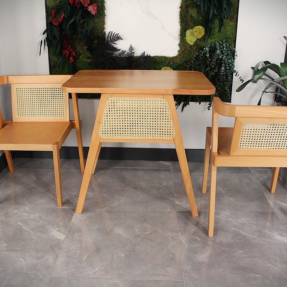 3-piece table and chair set. Perfect for limited spaces with its wicker and interlocking structure.