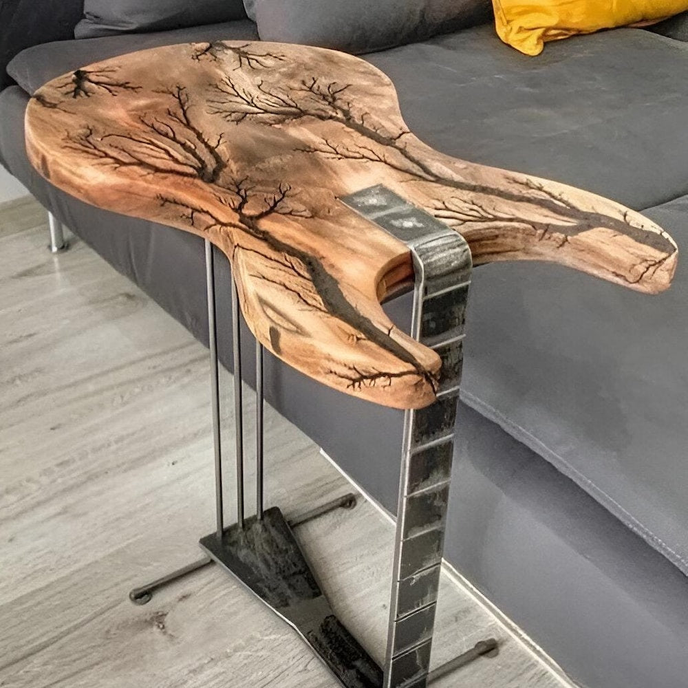 Coffee/Side/End/Guitar Table Wood Raund/Fractal burnt Live Edge Rustic Unique River custom reclaimed luxury Wooden slab nightstand/bed table