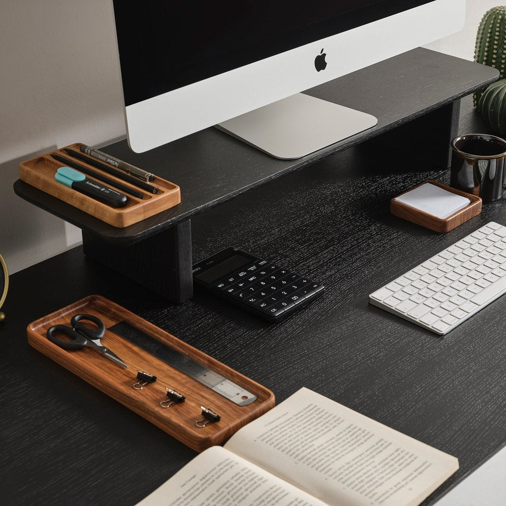 Custom Black Oak Wooden Monitor Stand, 31 Inch Computer Riser Shelf, Personalized Desk Gift, Ergonomic Wood Screen Riser in Custom Size