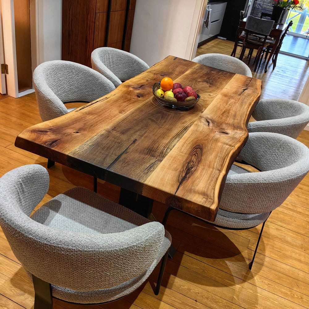 Walnut wooden living edge dining table, handmade solid kitchen rustic table top, home and living room furniture