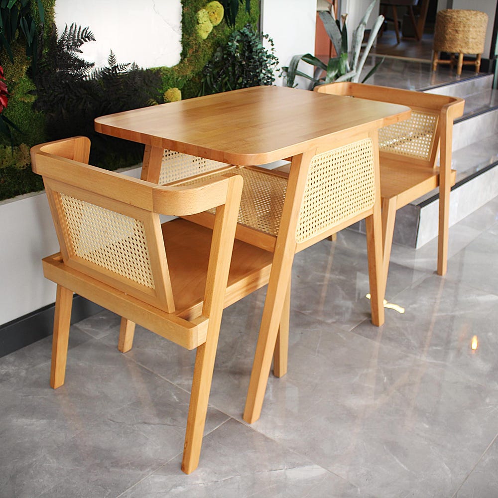 3-piece table and chair set. Perfect for limited spaces with its wicker and interlocking structure.