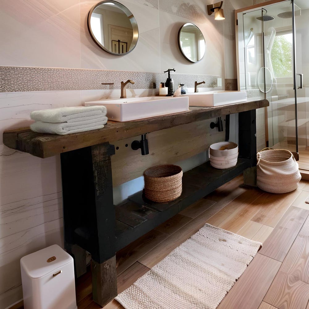 Custom Handmade Rustic Wooden Bathroom Vanity - Farmhouse Style Sink Shelf with Live Edge Reclaimed Handcrafted cabinet Wood Country Style