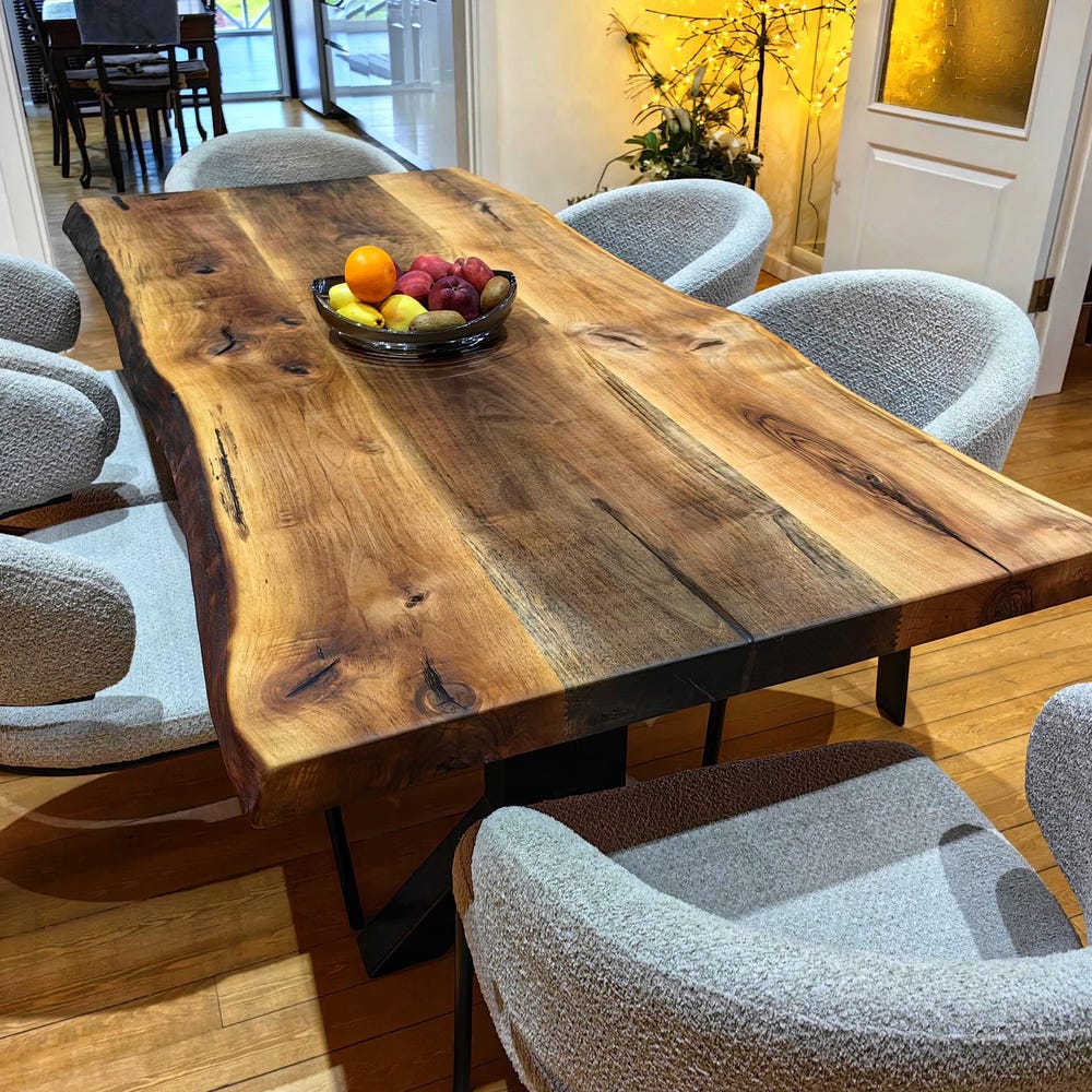 Walnut wooden living edge dining table, handmade solid kitchen rustic table top, home and living room furniture