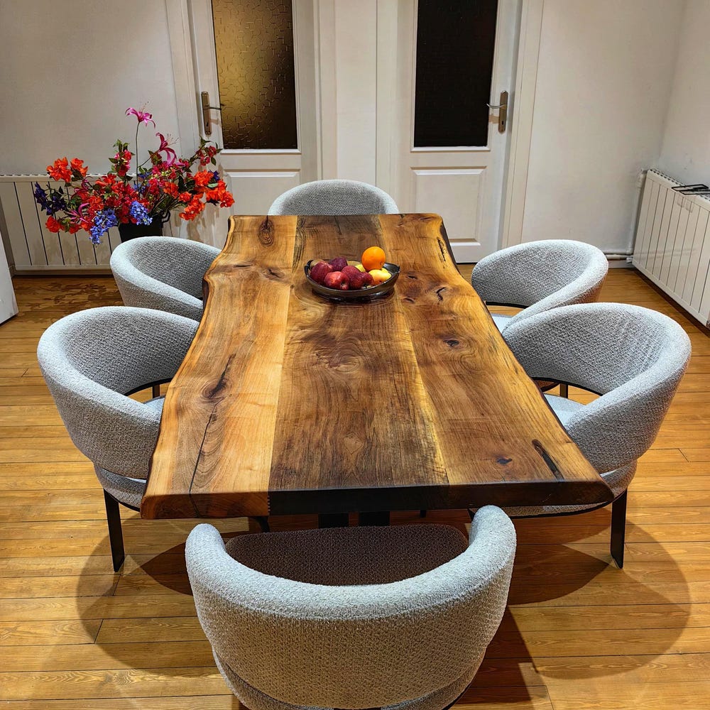 Walnut wooden living edge dining table, handmade solid kitchen rustic table top, home and living room furniture