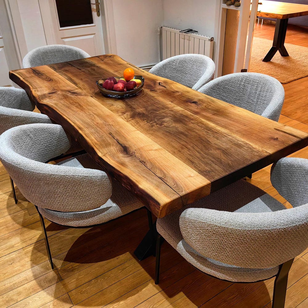Walnut wooden living edge dining table, handmade solid kitchen rustic table top, home and living room furniture