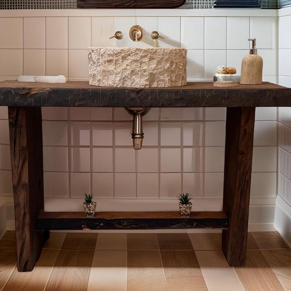 Custom Handmade Rustic Wooden Bathroom Vanity - Farmhouse Style Sink Shelf with Live Edge Reclaimed Handcrafted cabinet Wood Country Style
