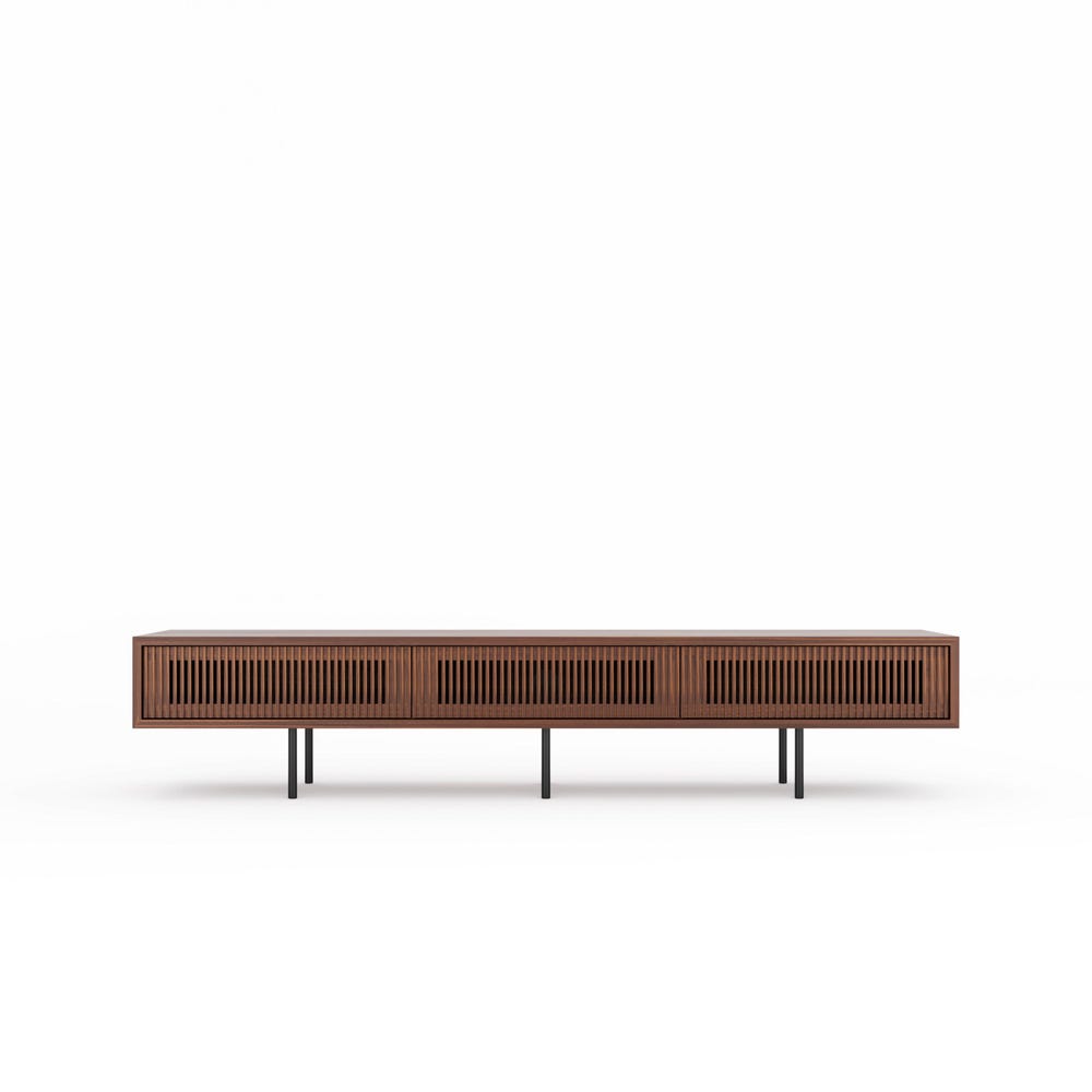 Walnut lowboard TV stand with three slatted doors in mid century modern style, media console, vinyl storage, audio storage, record player