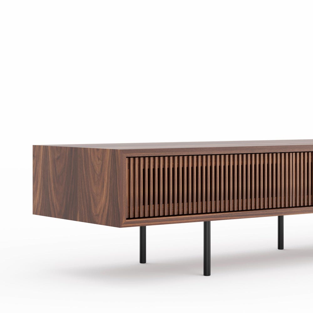 Walnut lowboard TV stand with three slatted doors in mid century modern style, media console, vinyl storage, audio storage, record player