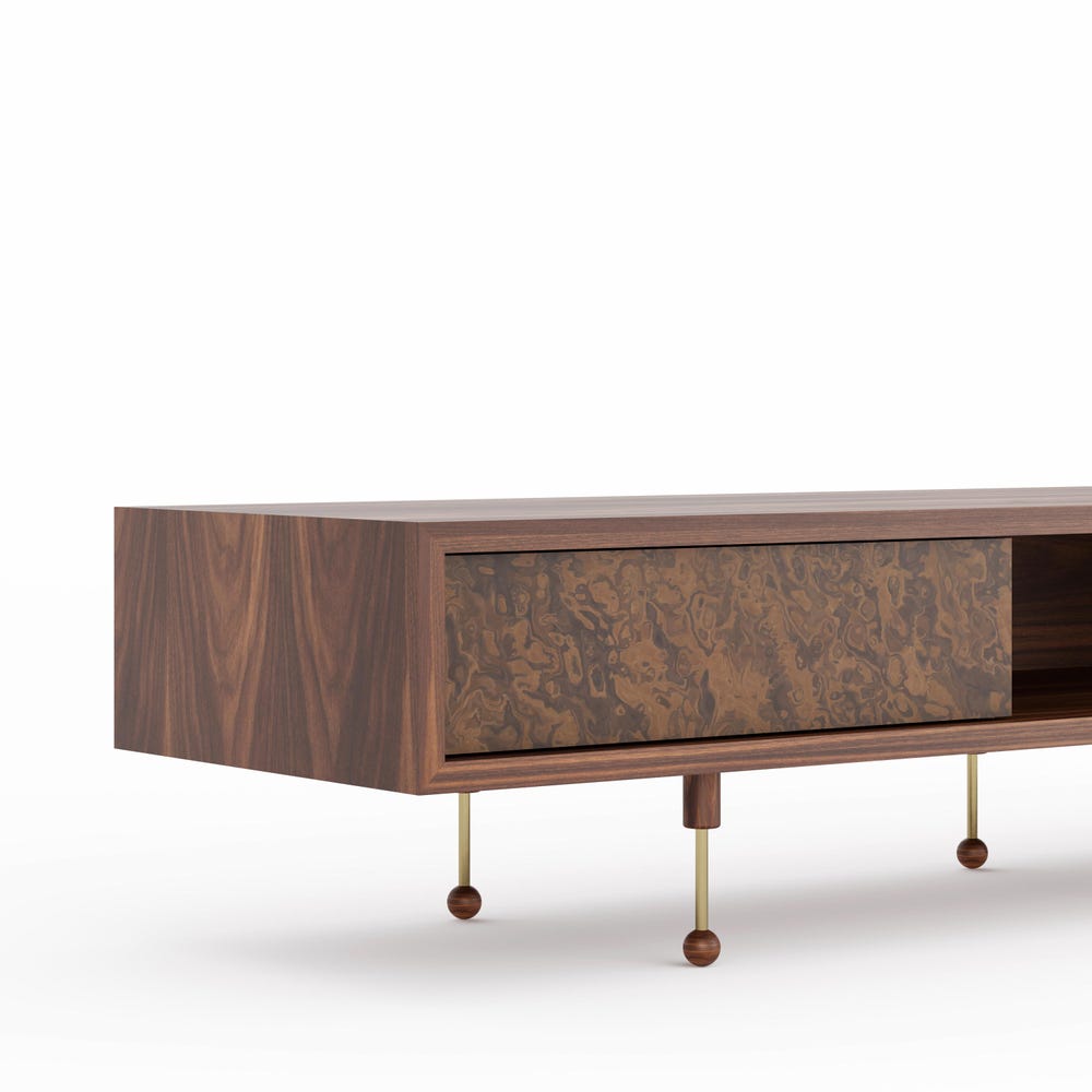 Walnut TV stand with walnut burl drawers in Mid Century Modern style, lowboard, media console, audio storage, for media and TV setup