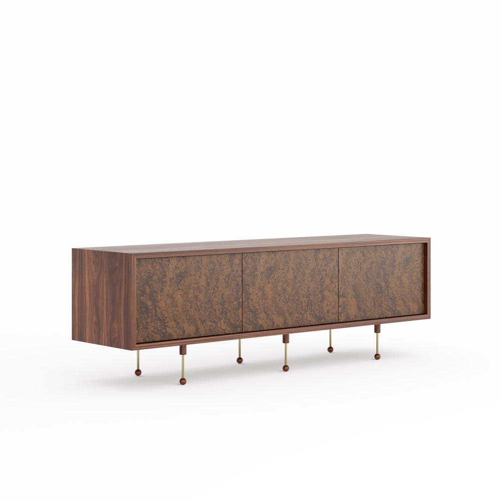 Walnut sideboard with three walnut burl doors in Mid Century Modern style, TV stand, credenza, dresser, commode, cabinet, buffet