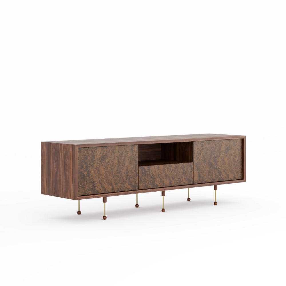 Walnut TV stand with two walnut burl doors and drawer in Mid Century Modern style, sideboard, media console, credenza, commode, cabinet