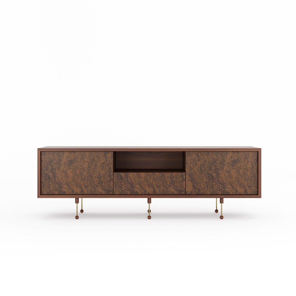 Walnut TV stand with two walnut burl doors and drawer in Mid Century Modern style, sideboard, media console, credenza, commode, cabinet