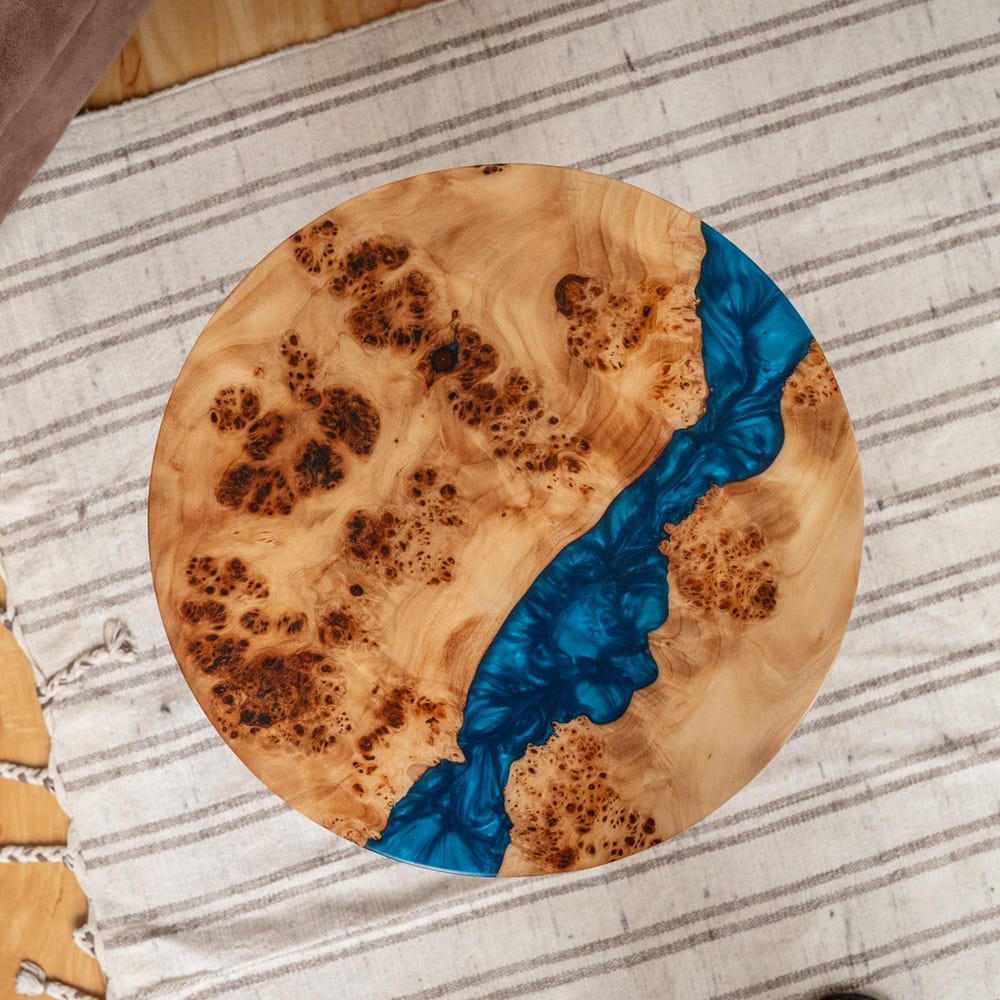 Side table, Round Wood Coffee Table, Living Room Live Edge Sofa Table, Blue Epoxy Resin Table, Scandinavian Table, Minimalist Cocktail Table