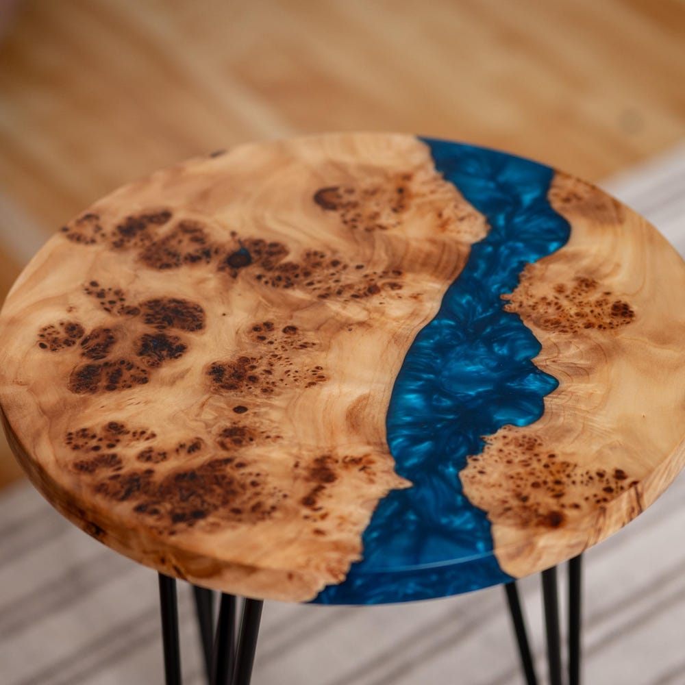 Side table, Round Wood Coffee Table, Living Room Live Edge Sofa Table, Blue Epoxy Resin Table, Scandinavian Table, Minimalist Cocktail Table