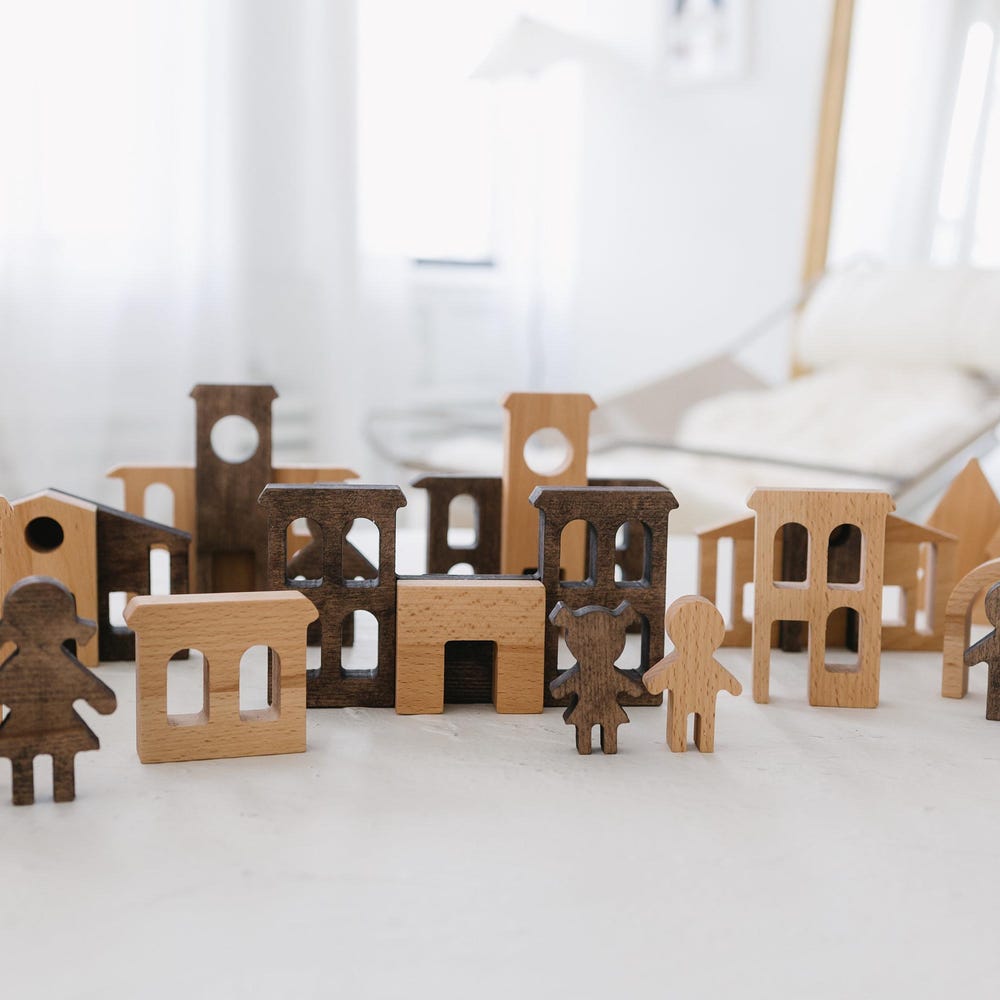 Christmas Village Set, Montessori Pretend Play Toys, Holiday Reusable Decor, Building Blocks for Toddler, Wooden Village Houses, First Gift