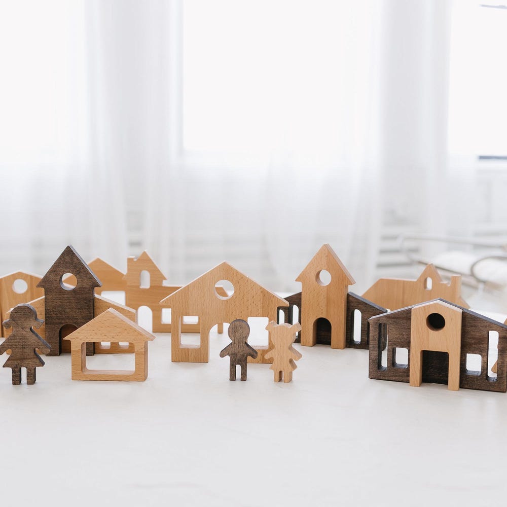 Christmas Village Set, Montessori Pretend Play Toys, Holiday Reusable Decor, Building Blocks for Toddler, Wooden Village Houses, First Gift