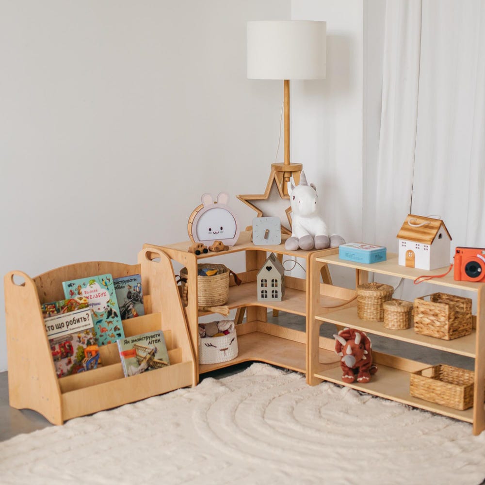 Corner 3 Tier Shelf for Nursery, Preschool Classroom Shelves, Montessori Furniture, Toy Storage, Playroom Space Organization, Kids Bookshelf