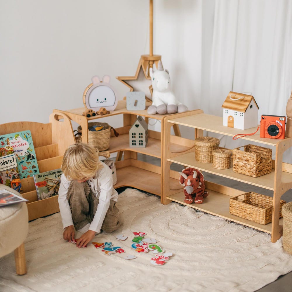 Corner 3 Tier Shelf for Nursery, Preschool Classroom Shelves, Montessori Furniture, Toy Storage, Playroom Space Organization, Kids Bookshelf
