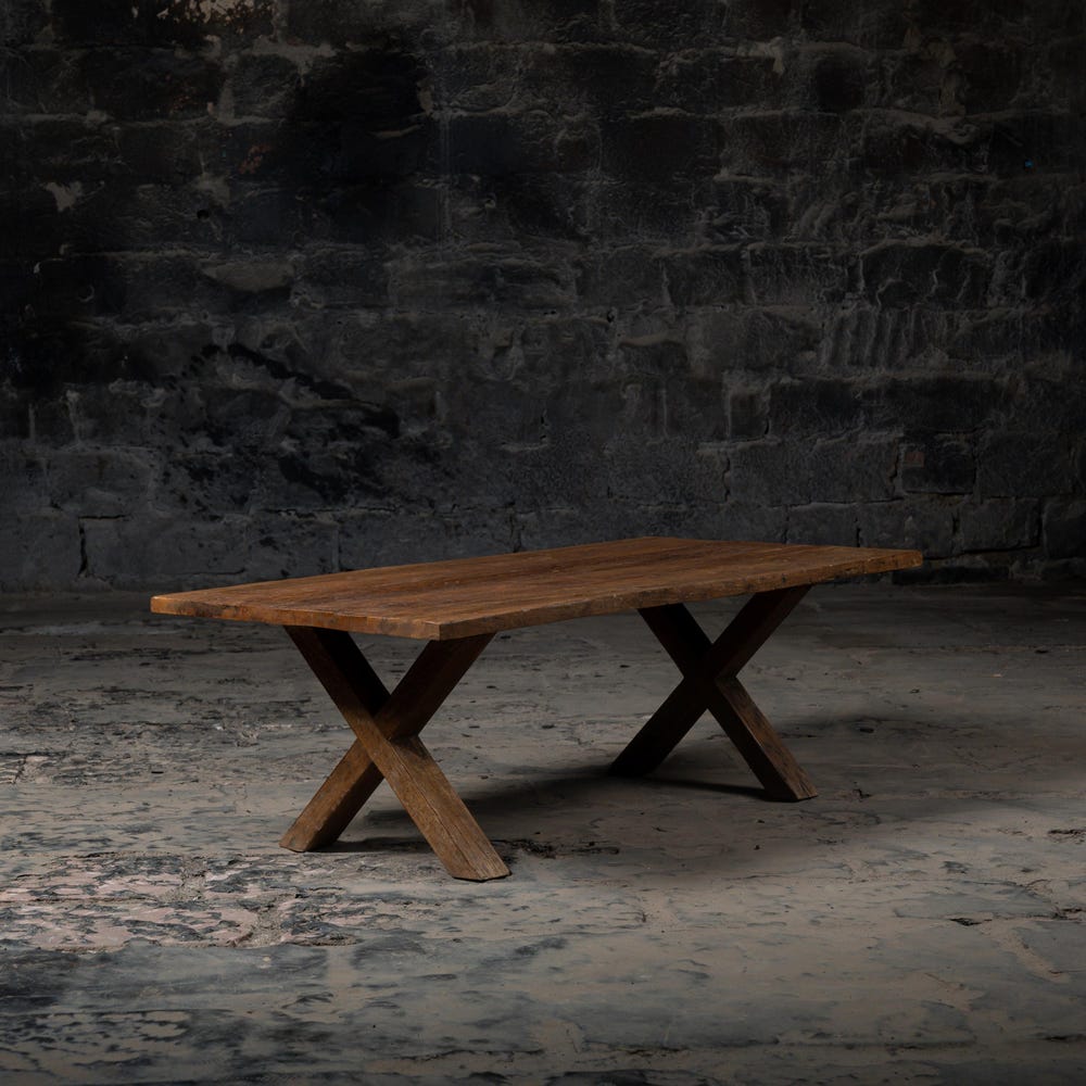 Vintage Classic Old Reclaimed Weathered Wood Cross Legs Coffee Table | Bleach Finish Wooden center Table | Vintage Farmhouse Sofa Table