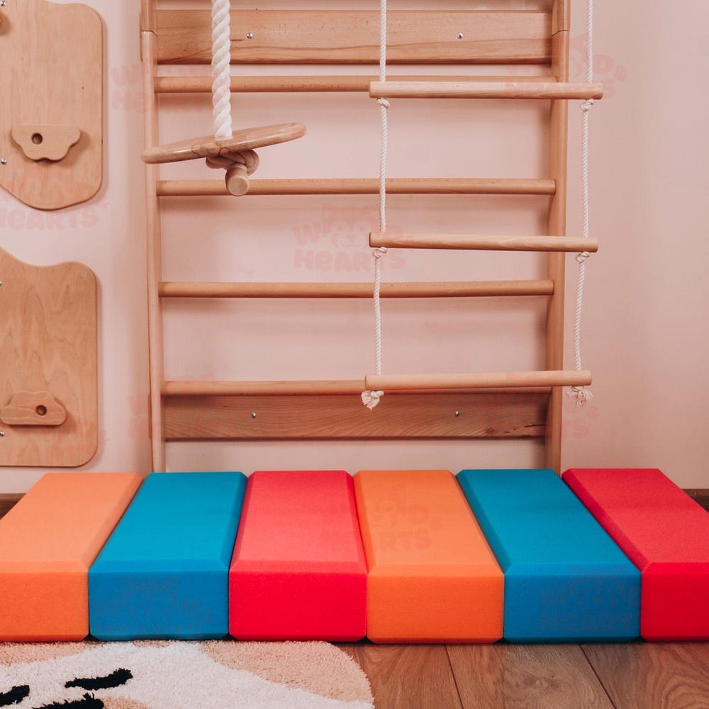 Swedish Ladder for Kids with Soft Play Blocks, Montessori Indoor Climbing Set, Wooden Wall-Mounted Gym for Toddlers and Kids, Climbing Toys