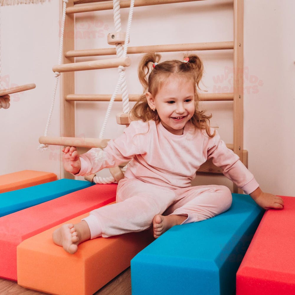 Swedish Ladder for Kids with Soft Play Blocks, Montessori Indoor Climbing Set, Wooden Wall-Mounted Gym for Toddlers and Kids, Climbing Toys