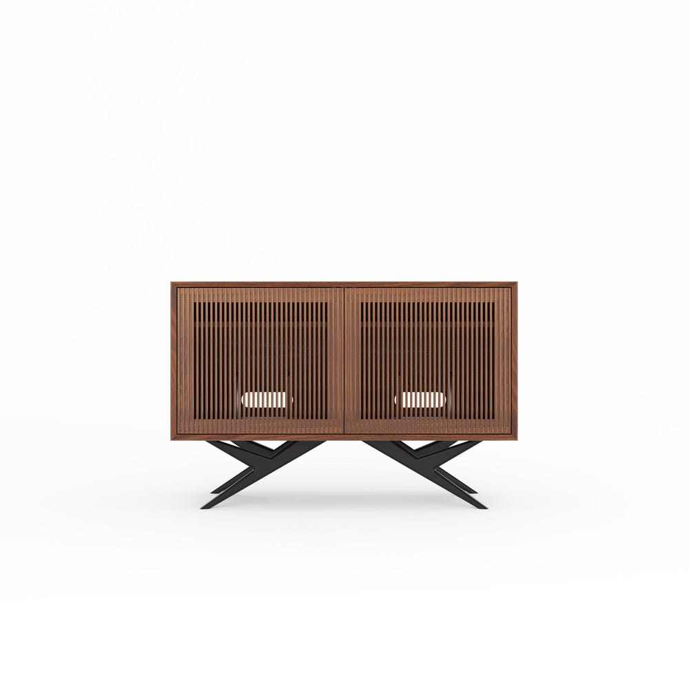 Walnut Record Player Stand with organic shape base in Mid Century Modern Style, Vinyl Storage, Media Console, Turntable Stand
