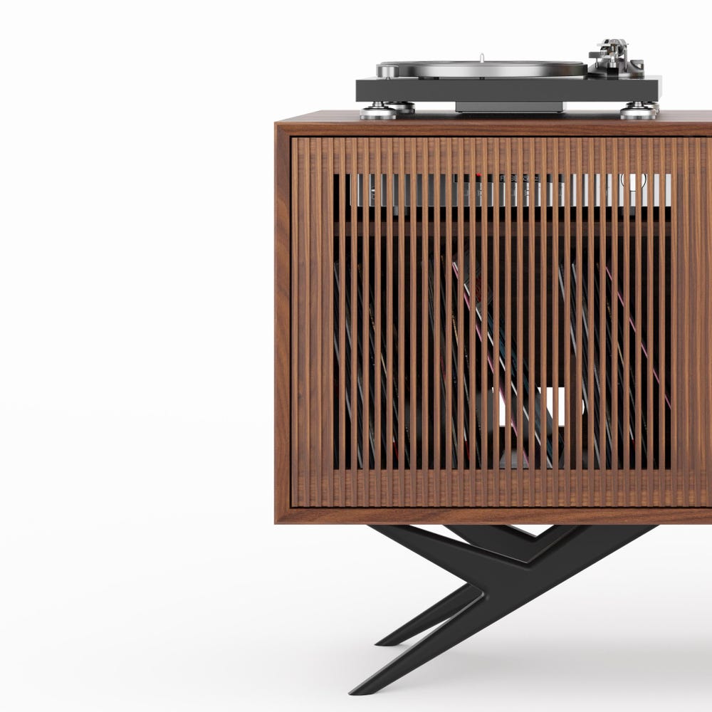 Walnut Record Player Stand with organic shape base in Mid Century Modern Style, Vinyl Storage, Media Console, Turntable Stand