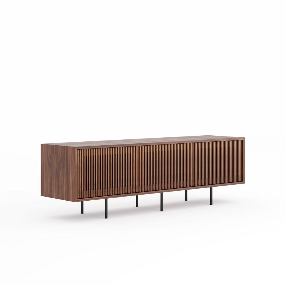 Walnut sideboard TV stand with three slatted doors in mid century modern style, credenza, dresser, commode, media console, vinyl storage