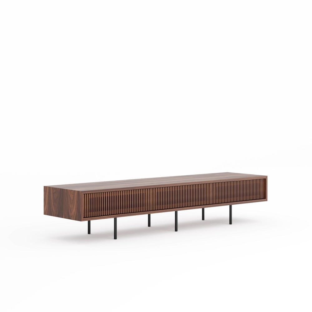 Walnut lowboard TV stand with three slatted doors in mid century modern style, media console, vinyl storage, audio storage, record player