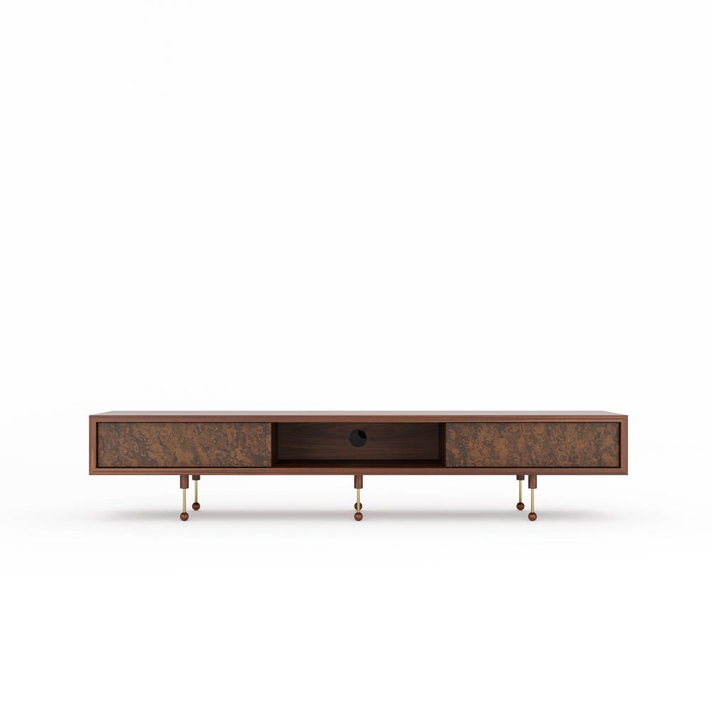 Walnut TV stand with walnut burl drawers in Mid Century Modern style, lowboard, media console, audio storage, for media and TV setup
