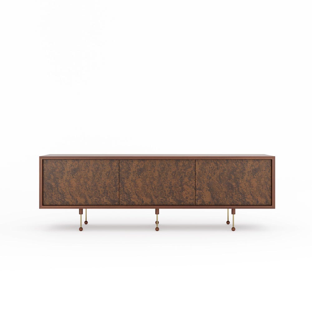 Walnut sideboard with three walnut burl doors in Mid Century Modern style, TV stand, credenza, dresser, commode, cabinet, buffet