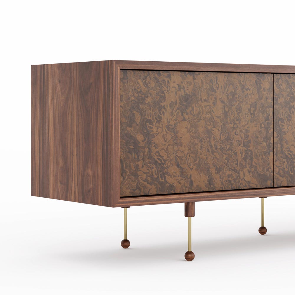 Walnut sideboard with three walnut burl doors in Mid Century Modern style, TV stand, credenza, dresser, commode, cabinet, buffet