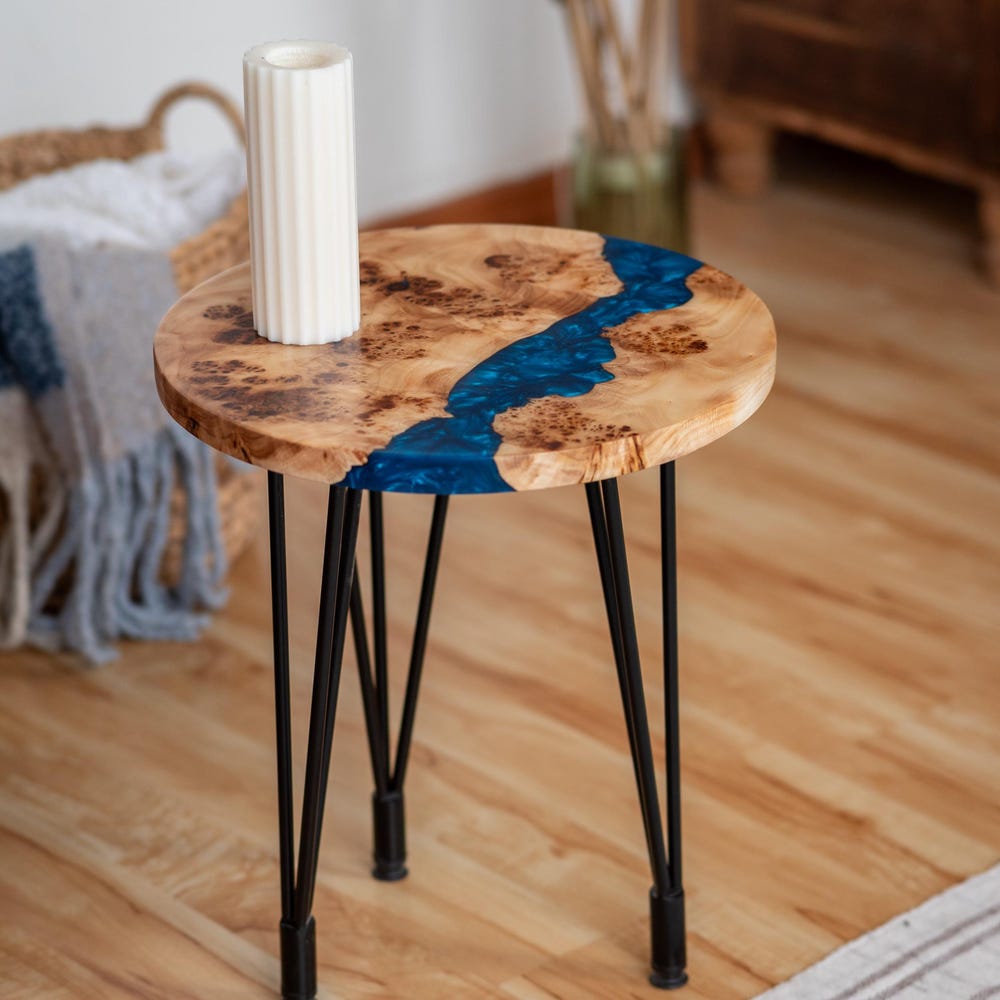Side table, Round Wood Coffee Table, Living Room Live Edge Sofa Table, Blue Epoxy Resin Table, Scandinavian Table, Minimalist Cocktail Table