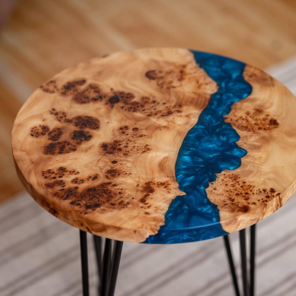 Side table, Round Wood Coffee Table, Living Room Live Edge Sofa Table, Blue Epoxy Resin Table, Scandinavian Table, Minimalist Cocktail Table