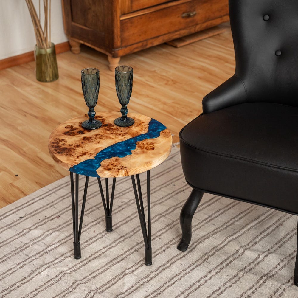 Side table, Round Wood Coffee Table, Living Room Live Edge Sofa Table, Blue Epoxy Resin Table, Scandinavian Table, Minimalist Cocktail Table