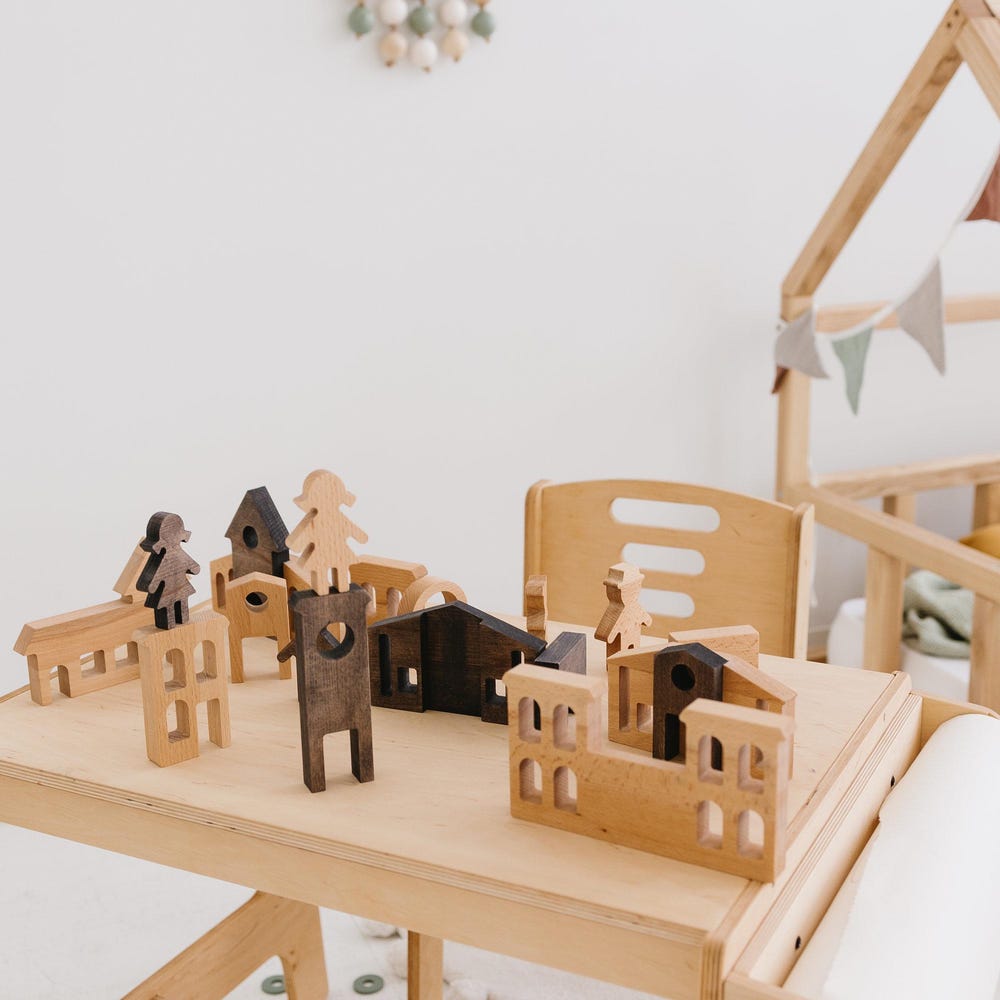 Christmas Village Set, Montessori Pretend Play Toys, Holiday Reusable Decor, Building Blocks for Toddler, Wooden Village Houses, First Gift