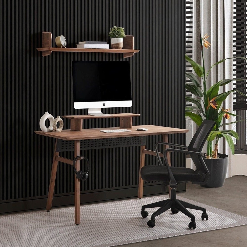American Walnut Wood Work Desk, Black Oak Wooden Desk, Minimalist Desk, Desk with Cable Organizer & Headphone Holder, Personalized Gift