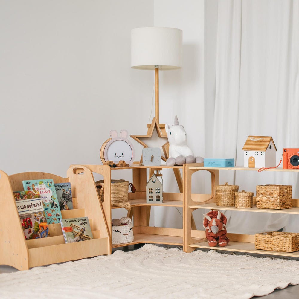 Corner 3 Tier Shelf for Nursery, Preschool Classroom Shelves, Montessori Furniture, Toy Storage, Playroom Space Organization, Kids Bookshelf