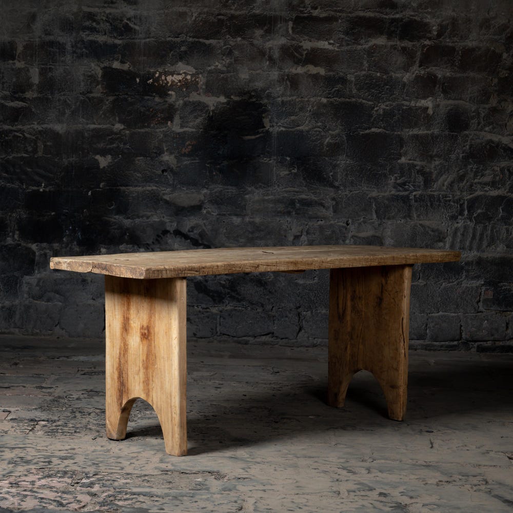 Vintage Arc Style Dining Table | Reclaimed Solid wood Kitchen Dining Table | Weathered Wood Outdoor Garden Table | Rustic Bleach Finish.