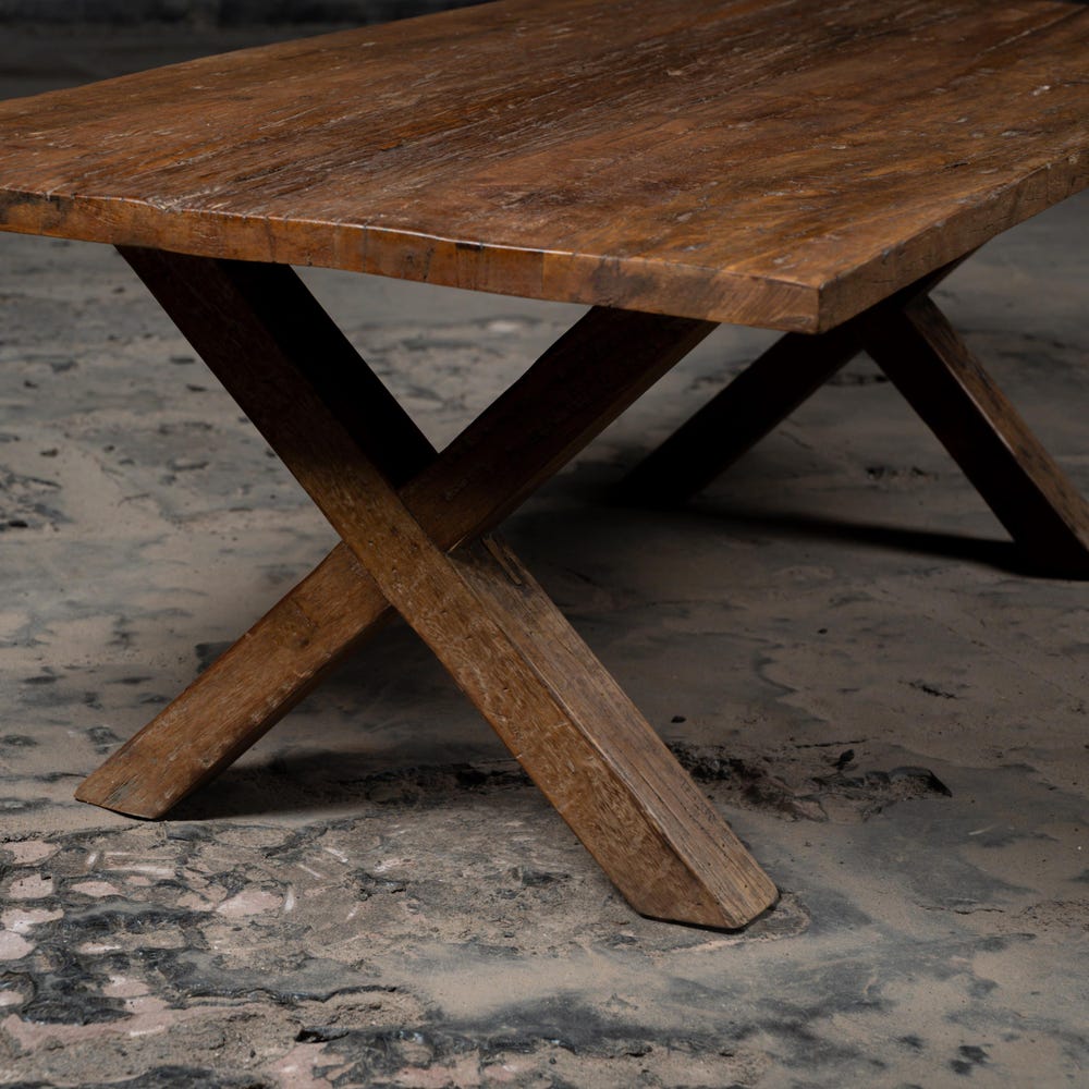 Vintage Classic Old Reclaimed Weathered Wood Cross Legs Coffee Table | Bleach Finish Wooden center Table | Vintage Farmhouse Sofa Table