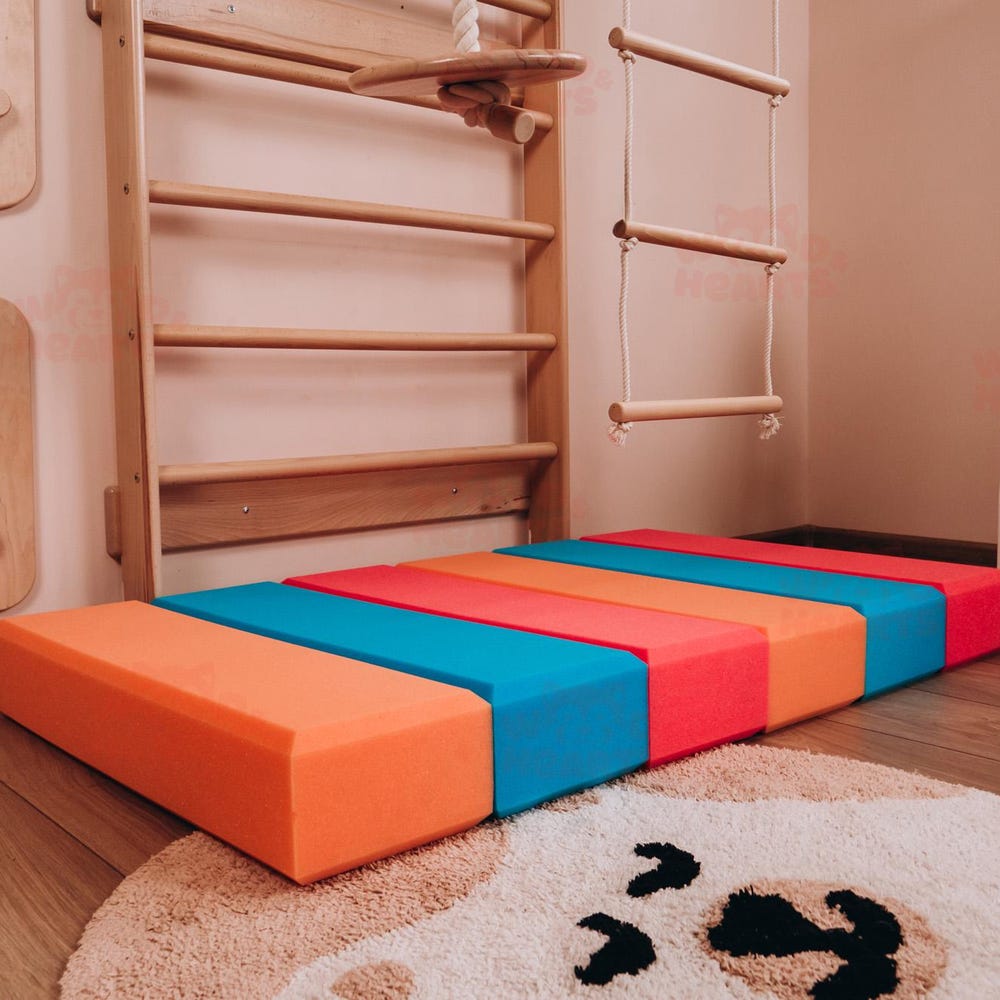 Swedish Ladder for Kids with Soft Play Blocks, Montessori Indoor Climbing Set, Wooden Wall-Mounted Gym for Toddlers and Kids, Climbing Toys