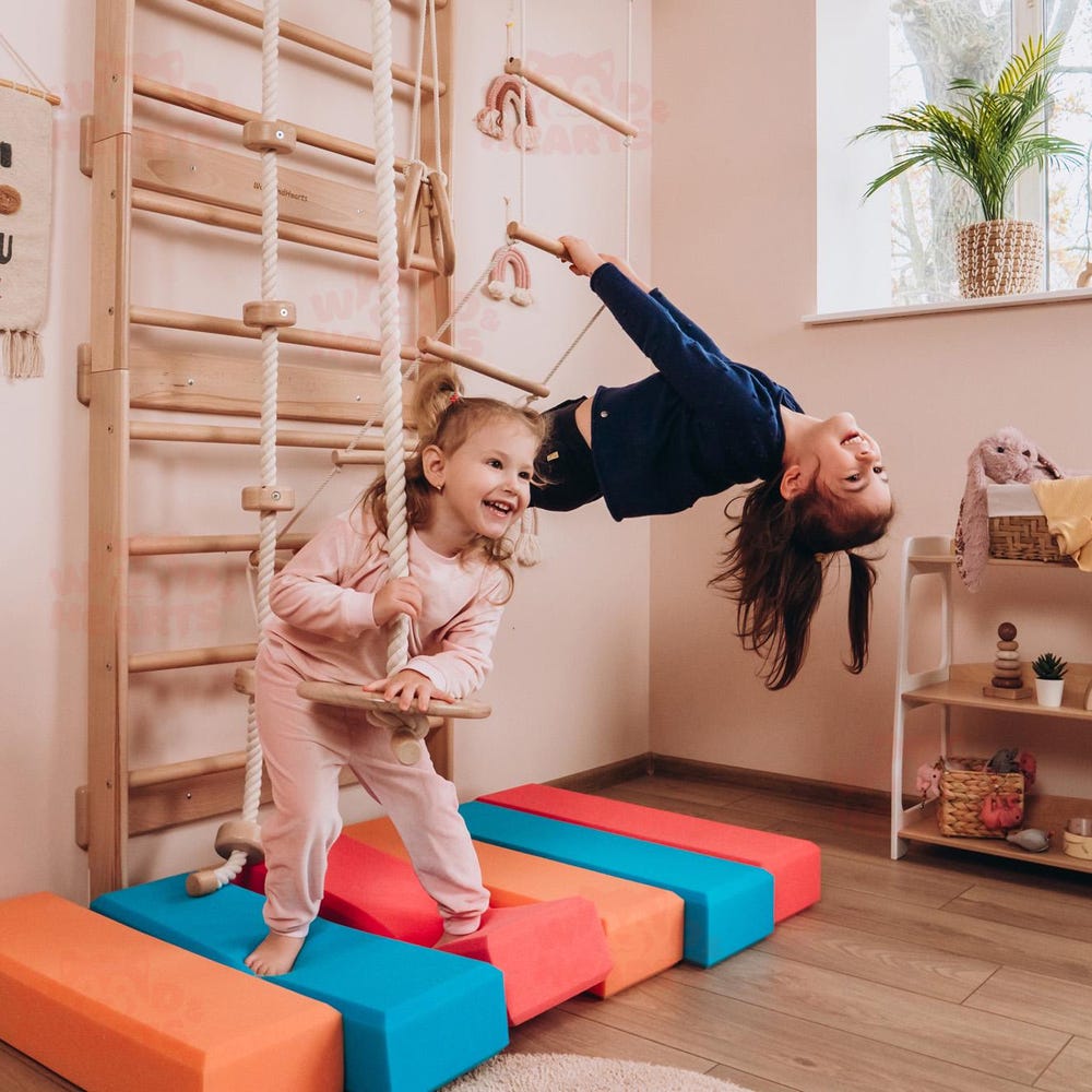Swedish Ladder for Kids with Soft Play Blocks, Montessori Indoor Climbing Set, Wooden Wall-Mounted Gym for Toddlers and Kids, Climbing Toys