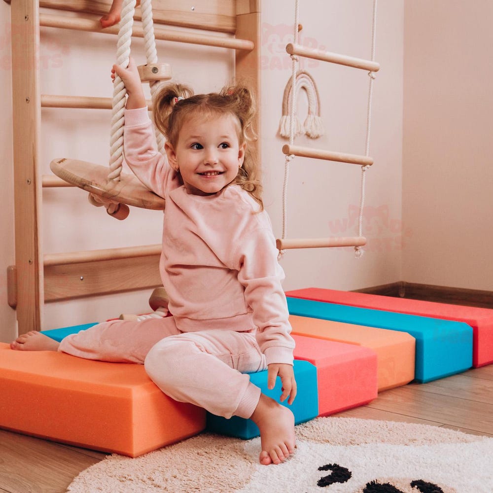 Swedish Ladder for Kids with Soft Play Blocks, Montessori Indoor Climbing Set, Wooden Wall-Mounted Gym for Toddlers and Kids, Climbing Toys
