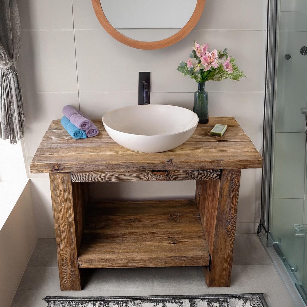 Custom Handmade Rustic Wooden Bathroom Vanity - Farmhouse Style Sink Shelf with Live Edge Reclaimed Handcrafted cabinet table solid wood