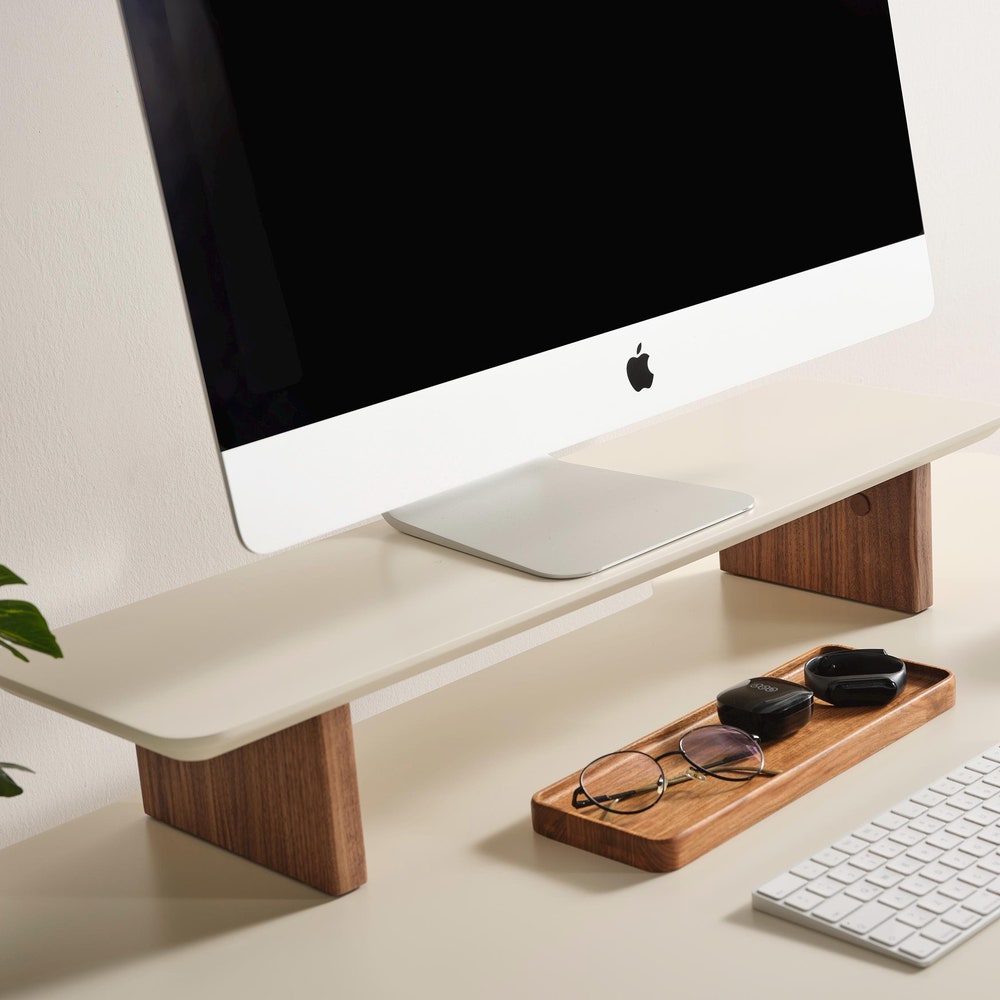 Custom 31 Inch Wooden Monitor Stand, Anthracite or Cream Computer Riser, Personalized Wood Desk Shelf, Minimal Ergonomic Screen Stand