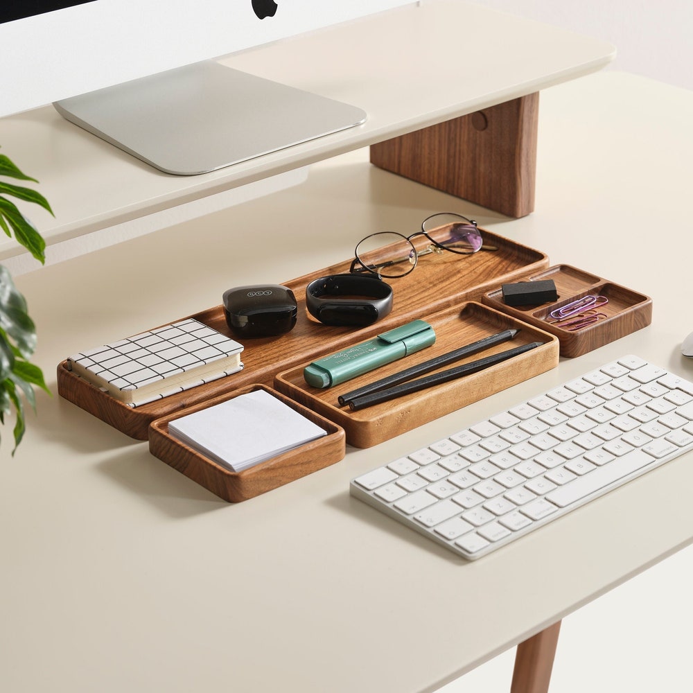 Rustic Wooden Desk Organizer Set with Tray – Office Decor Gift for Men Women, Minimalist Home Office Accessories- Office Gift