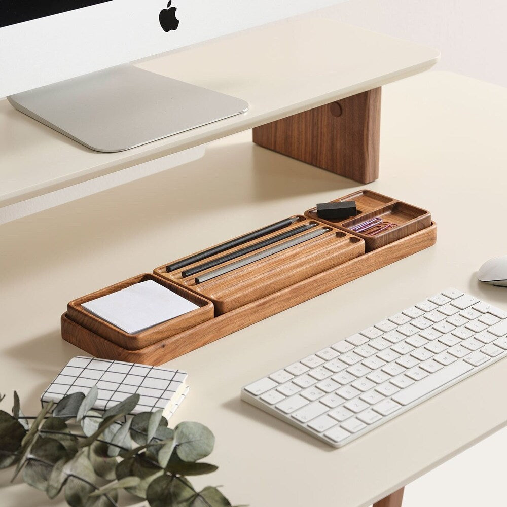 Custom Wood Desk Organizer Set with Note Tray – Personalized Wooden Office Accessories & Gift for Men, Women, Boss or Coworkers