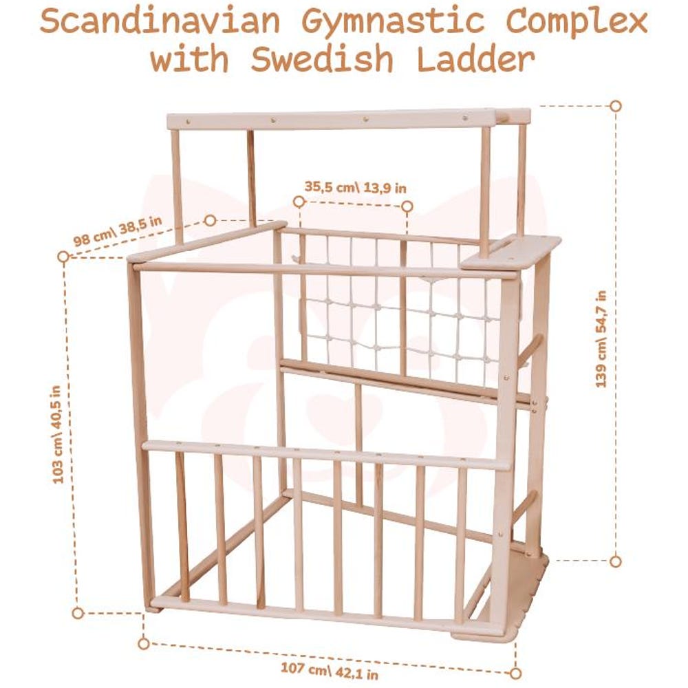 55х42″ Up to 4 Years Wooden Gym, Scandinavian Play Complex: Rocking Ramp, Climbing Rope, Monkey Bars, Gymnastic rings, Kids Swing, Play Mat