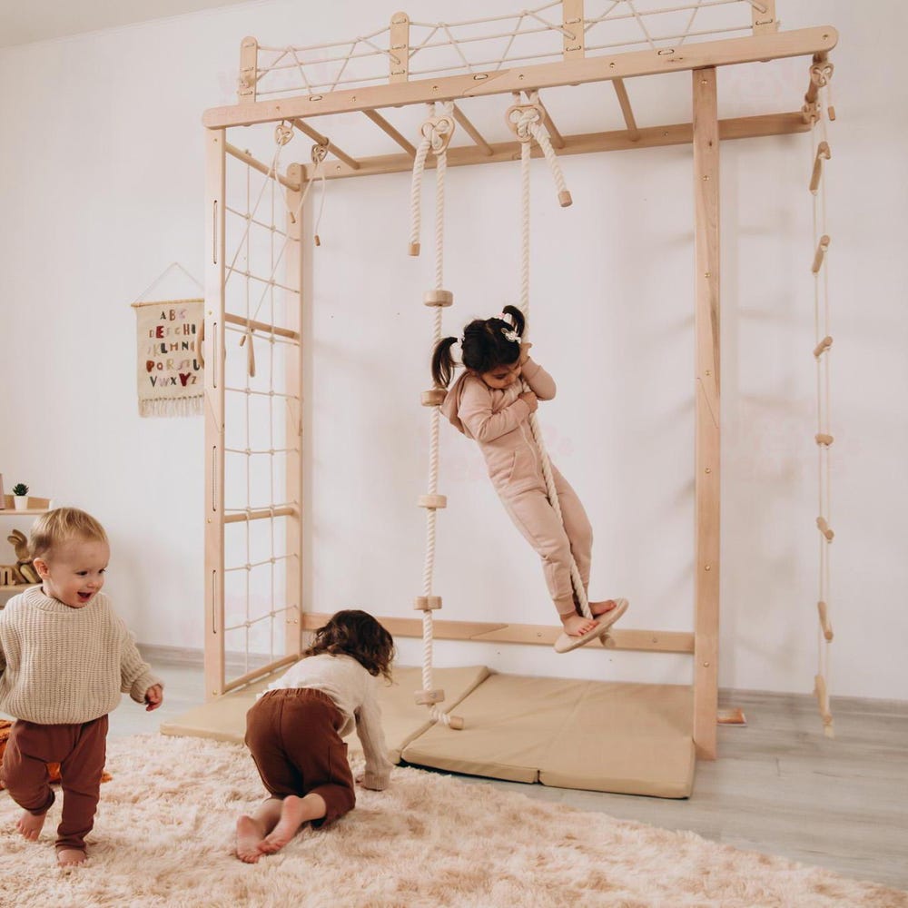 88x78" Large Swedish Ladder Bundle: Waldorf Playmat, Monkey Bars, Indoor Swing, Gymnastics Ladder, Montessori Climbing Wall Net, Baby Gym