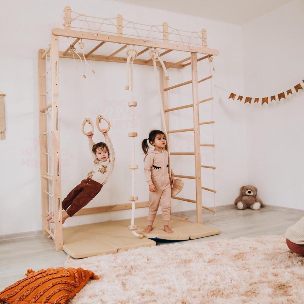 88x78" Large Swedish Ladder Bundle: Waldorf Playmat, Monkey Bars, Indoor Swing, Gymnastics Ladder, Montessori Climbing Wall Net, Baby Gym